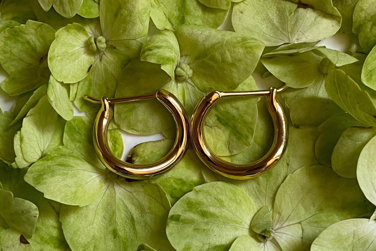 A pair of gold huggies earrings lying on a bed of green leaves