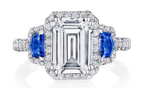Emerald cut diamond engagement right with sapphire accessory stones