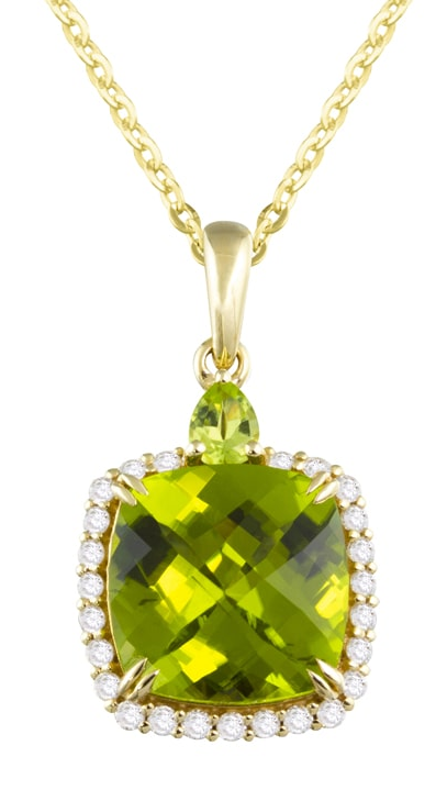 A peridot solitaire necklace from Bellarri features yellow gold and a diamond halo