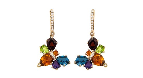 A pair of butterfly, clustered gemstone earrings with diamond accents