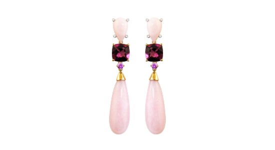 A pair of drop earrings featuring pink opal, sapphires, and rhodolite garnet