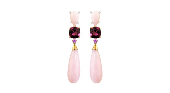 A pair of drop earrings featuring pink opal, sapphires, and rhodolite garnet