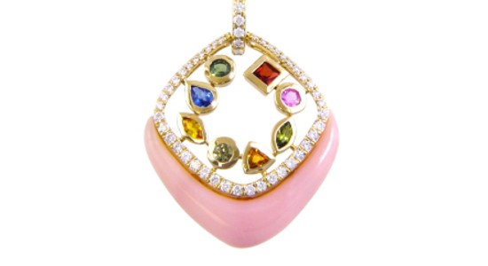 a pendant necklace featuring pink opal, diamonds, and multicolored sapphires