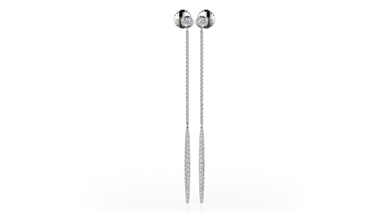 a pair of long silver earrings with diamond details