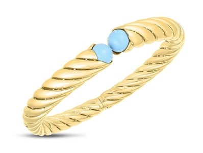 a yellow gold Italian Cable turquoise bangle from Phillip Gavriel.