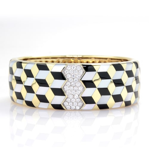 14K Yellow Gold Diamond, Onyx, & Mother of Pearl Bangle Bracelet, DGASH00836