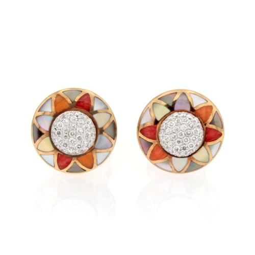 14K Yellow Gold Asch Grossbardt Diamond & Multicolor Spiney Oyster Stud Earrings