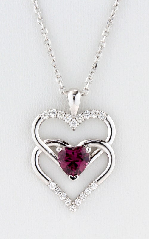 14K White Gold Diamond Double Heart Rhodolite Garnet Pendant, DPHRT04541 14K White Gold Diamond Double Heart Rhodolite Garnet Pendant, DPHRT04541