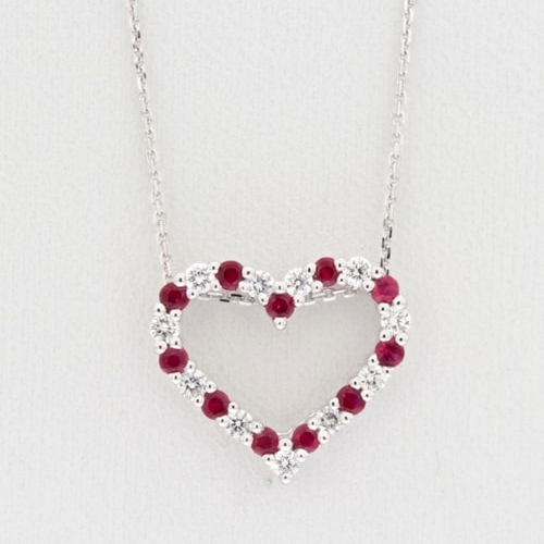 14K White Gold Diamond & Ruby Heart Pendant