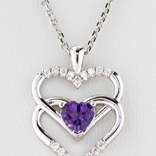 14K White Gold Diamond Double Heart Amethyst Pendant, DPHRT04550