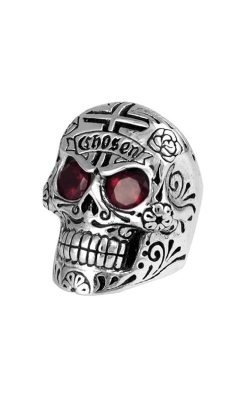 King Baby Silver Large Skull Ring with Chosen Cross Detail & Garnet Eyes
