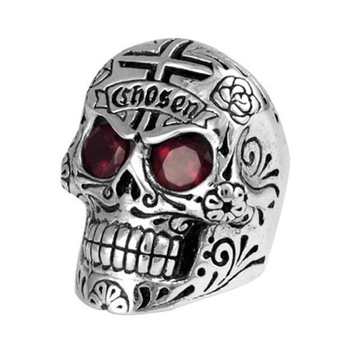 King Baby Silver Large Skull Ring with Chosen Cross Detail & Garnet Eyes K20-5304-10