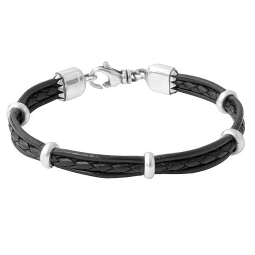 King Baby Multi Strand Leather Bracelet with Silver Rondelle Beads, K42-5215-8.75