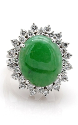 18K White Gold Diamond & Oval Cabochon Fine Green Jade Ring