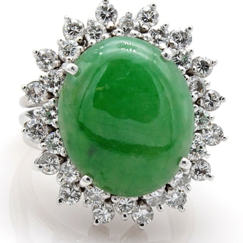 18K White Gold Diamond & Oval Cabochon Fine Green Jade Ring