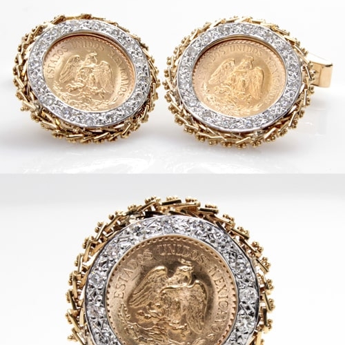 14K Gold & Diamond 1945 Mexican Dos y Medio Pesos Coin Cufflinks, DCOIN00091