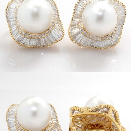 18K Yellow Gold Diamond & South Sea Pearl Earrings CLOSE03105