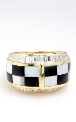 18K Yellow Gold Diamond, Onyx, & Mother of Pearl Ring
