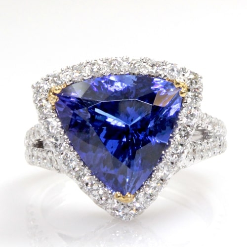 18K Two-Tone Trillion Cut Tanzanite & Diamond Halo Ring DREX02696